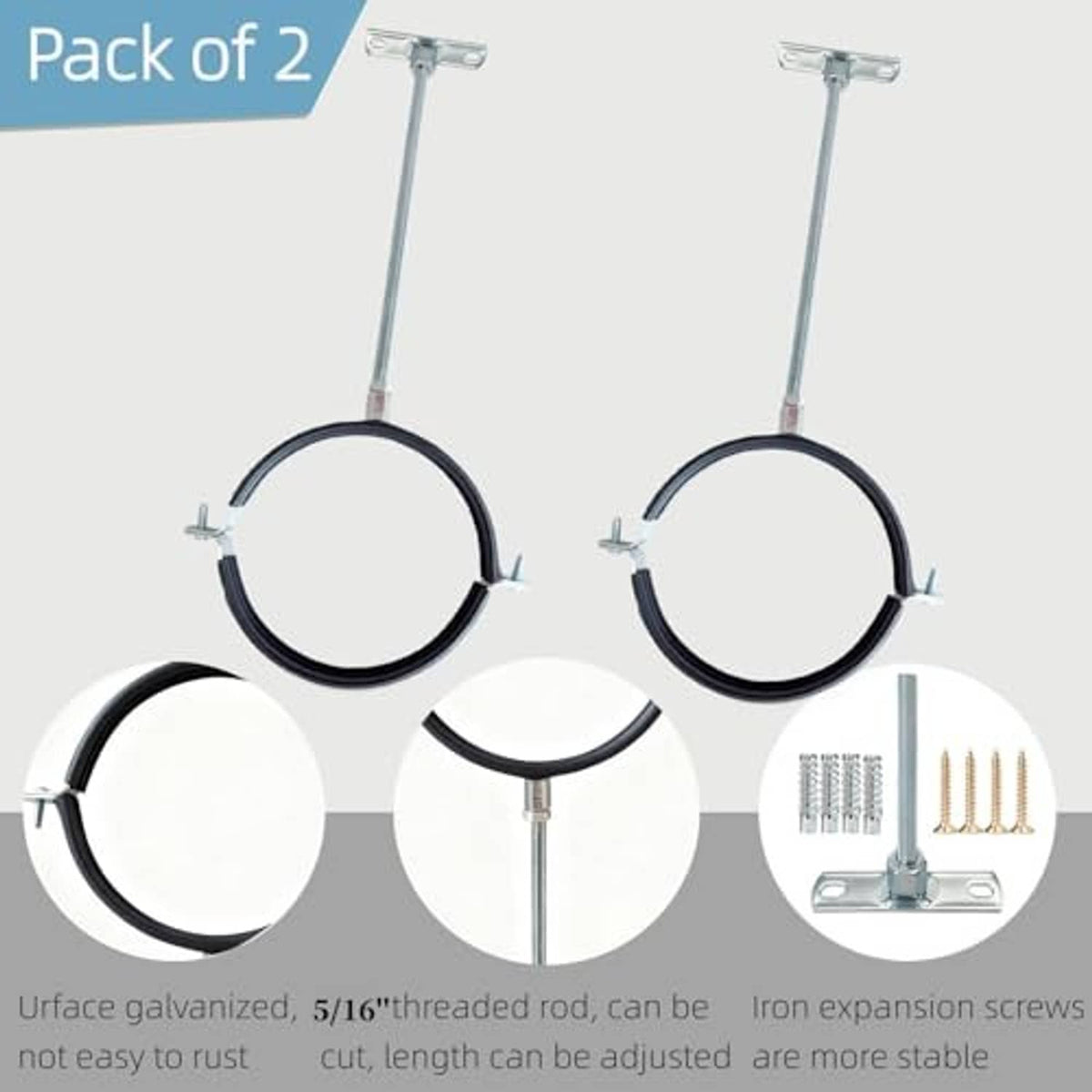 Two pipe hanger straps with black rubber loops and galvanized feet, plus included screws