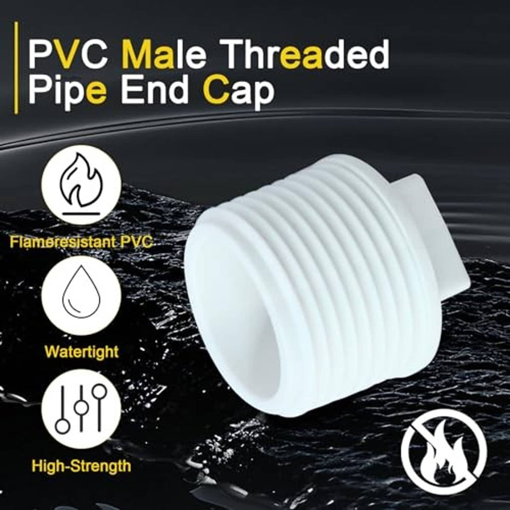 White PVC male threaded pipe end cap plug with smooth outer head