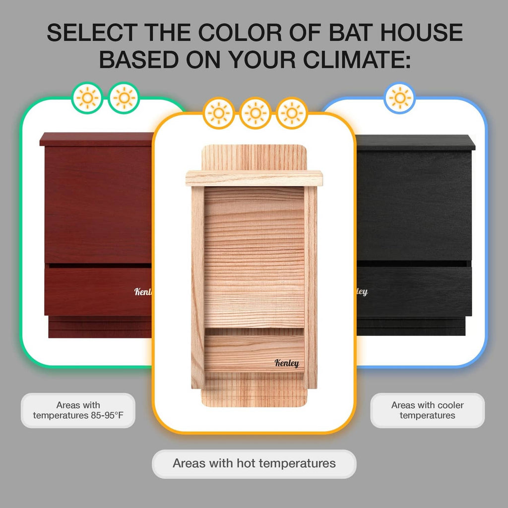 Bat house color selection chart showing cedar, dark, and red options
