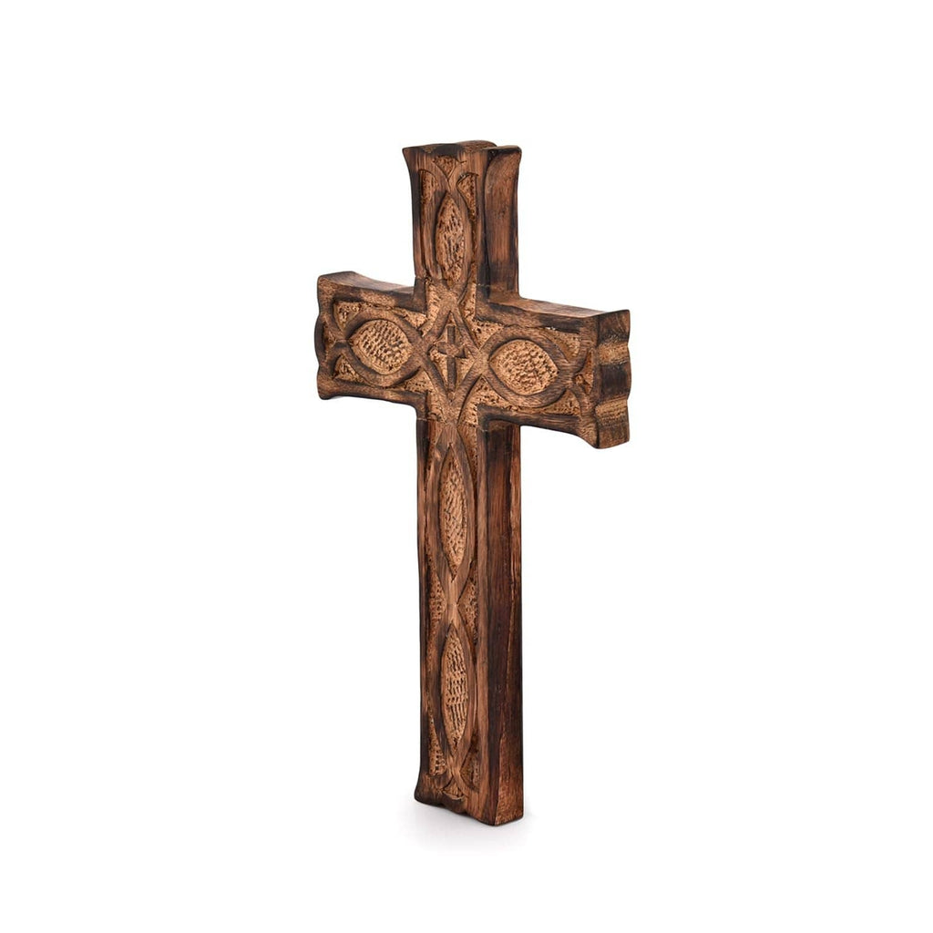 Handmade wooden wall cross, dark brown carved center and circular medallion details