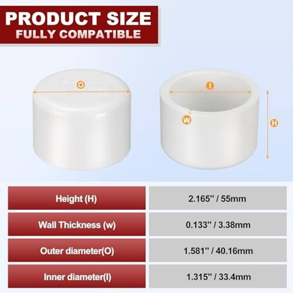 White PVC external end cap fitting, top and side views with size dimensions