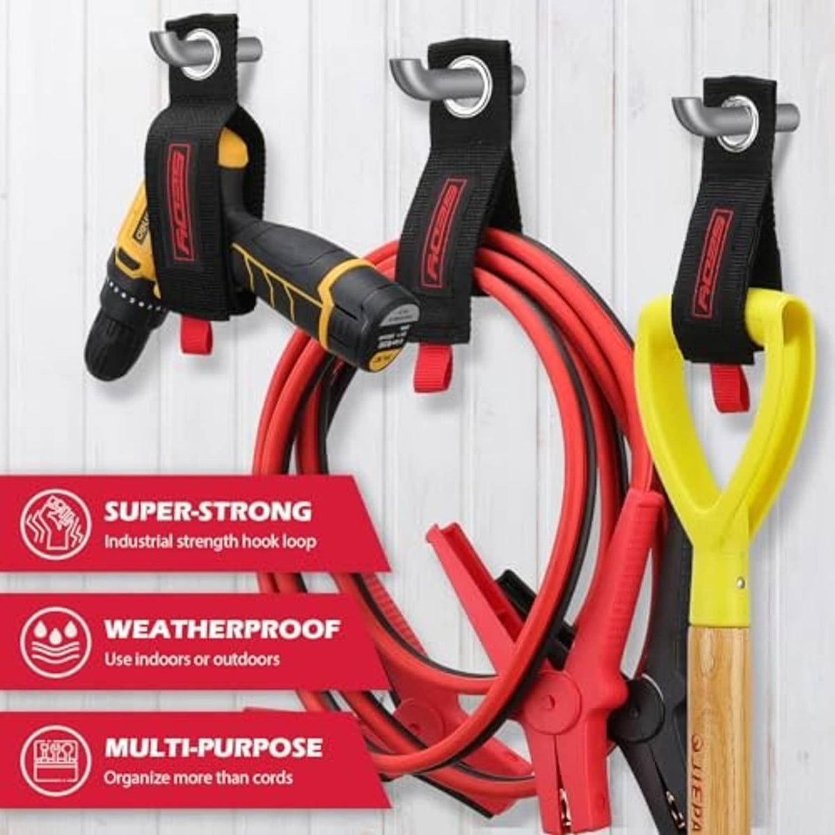 Heavy-duty hanging straps with black metal hooks in red, yellow, and black colors