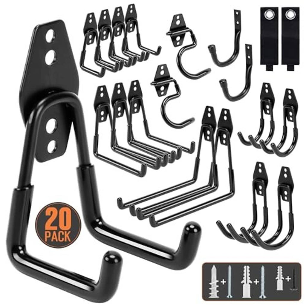 Black garage storage hook set, 20-pack bundle with U hooks, mounting plates, and J hooks