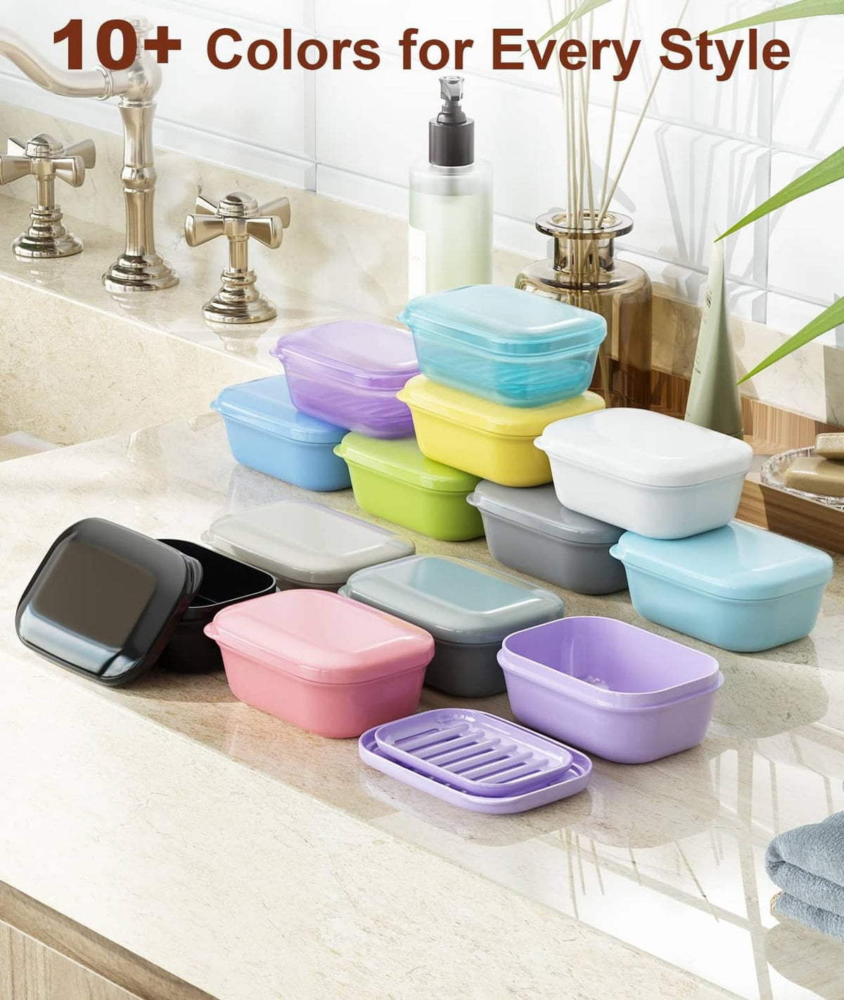 Multi-color lidded soap dish collection with one black case in front
