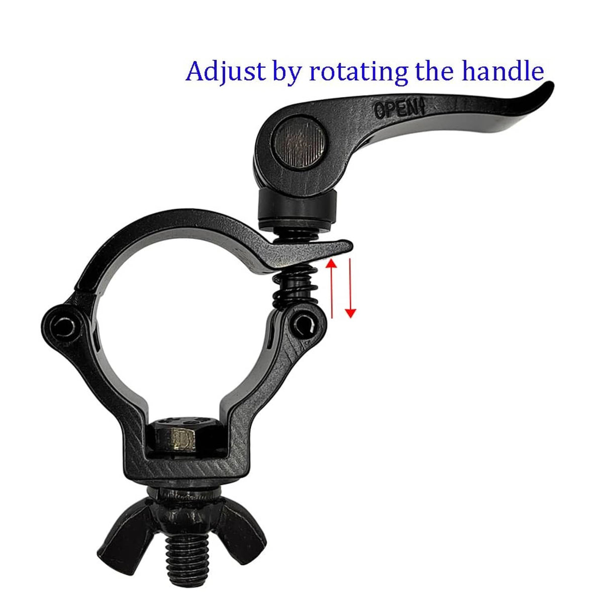 Black quick-release pipe clamp showing lever and adjustment direction arrows