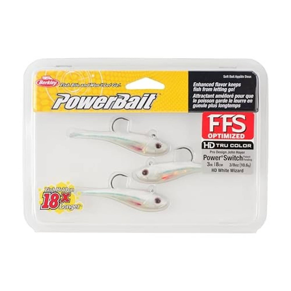 Powerbait package showing three 3in HD White Wizard soft plastic fishing baits
