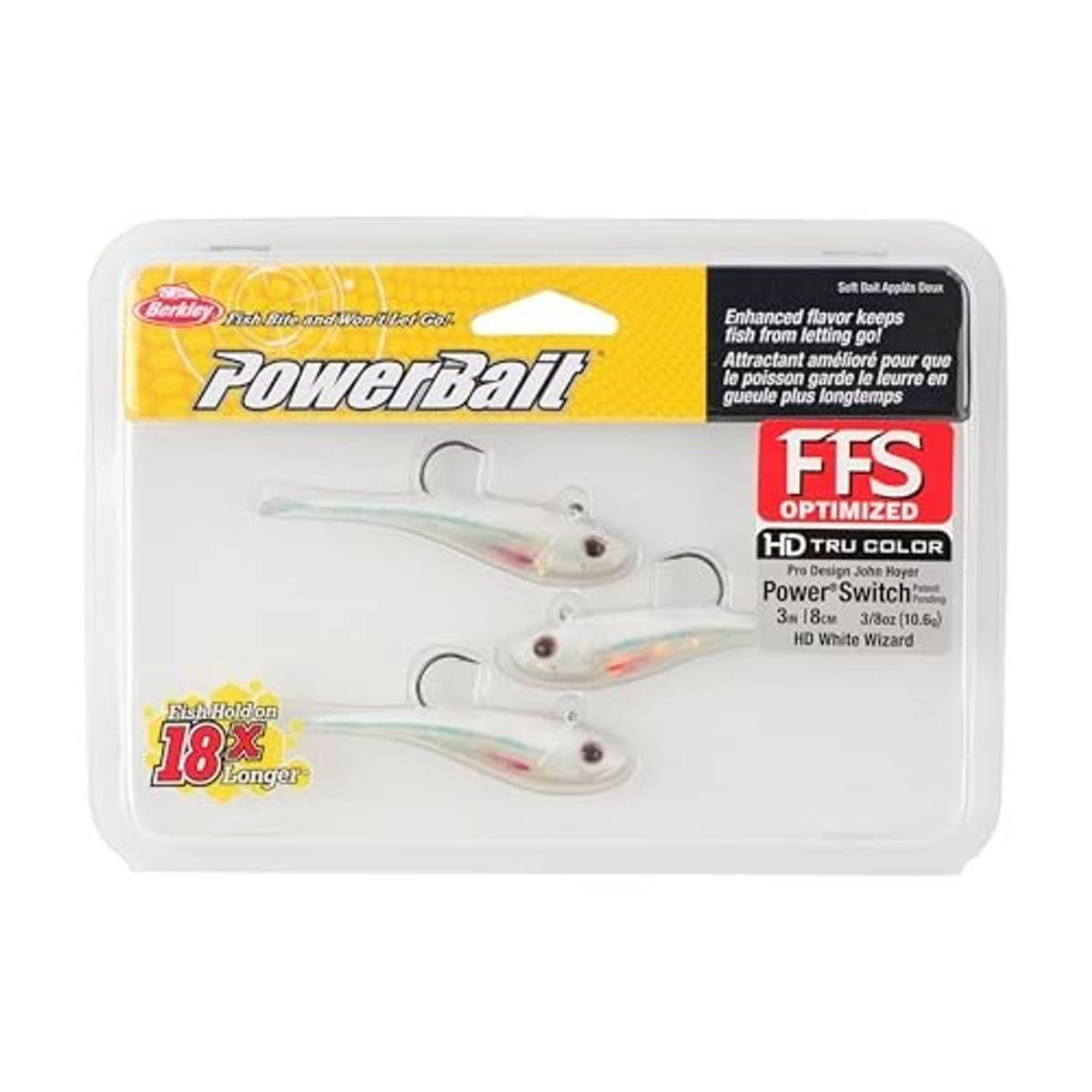 Powerbait package showing three 3in HD White Wizard soft plastic fishing baits