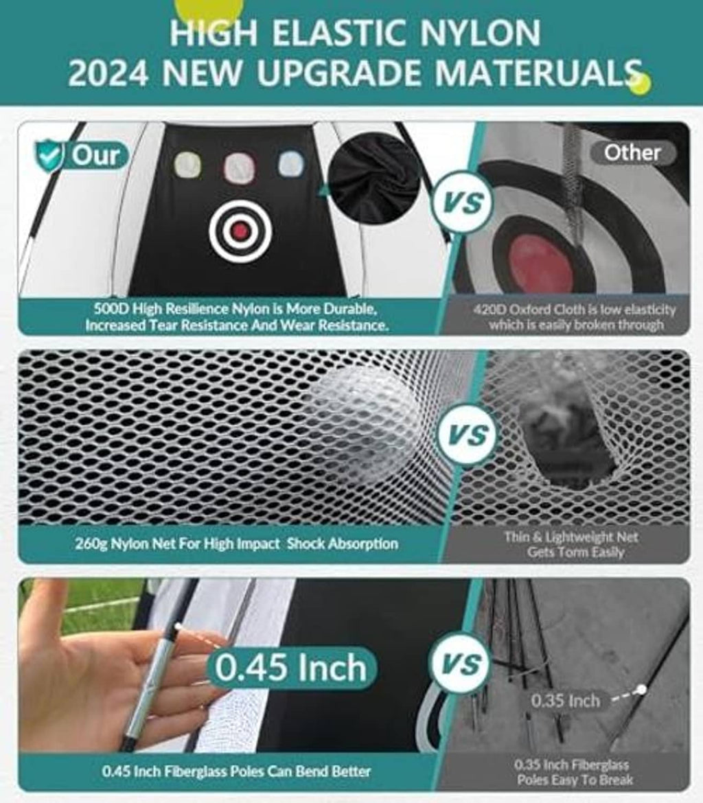 Golf practice net material diagram showing thick nylon mesh for shock absorption