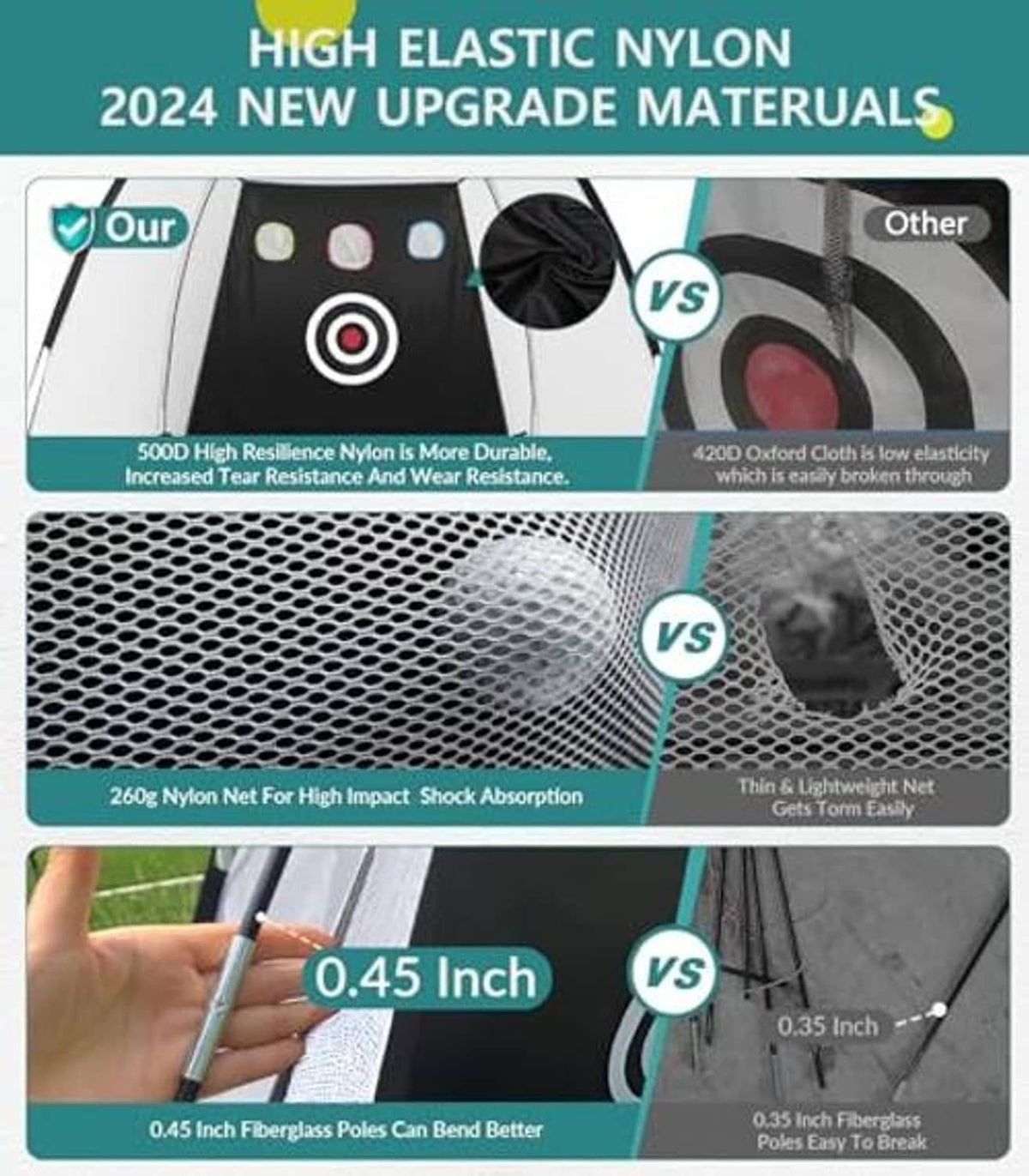 Golf practice net material diagram showing thick nylon mesh for shock absorption