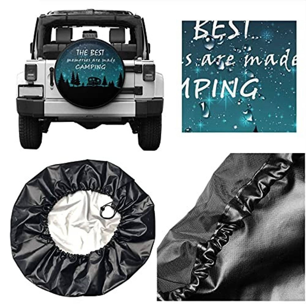 Spare tire cover with black fabric and teal camping graphic, shown folded