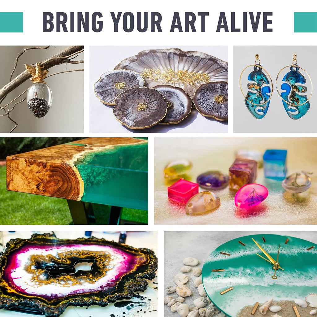 Epoxy resin art samples: glossy trays, coasters, and colorful decorative ornaments.