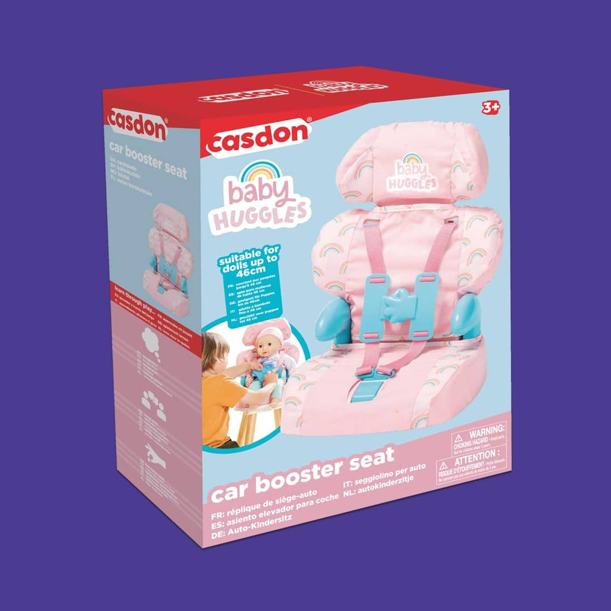 Baby Huggles car booster seat retail box with pink seat and blue side bumpers