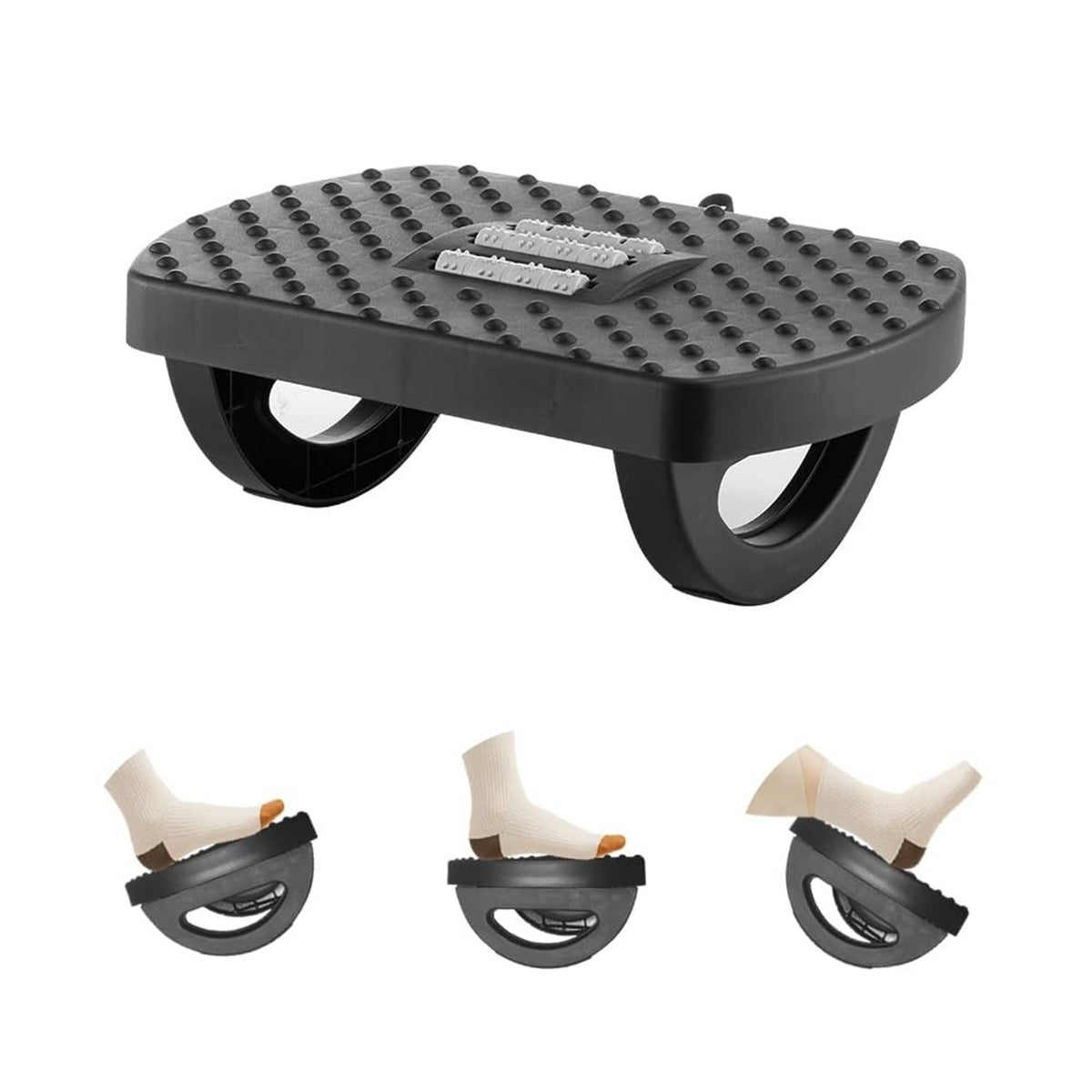 Black under-desk footrest with textured massage nubs and three-roller curved base
