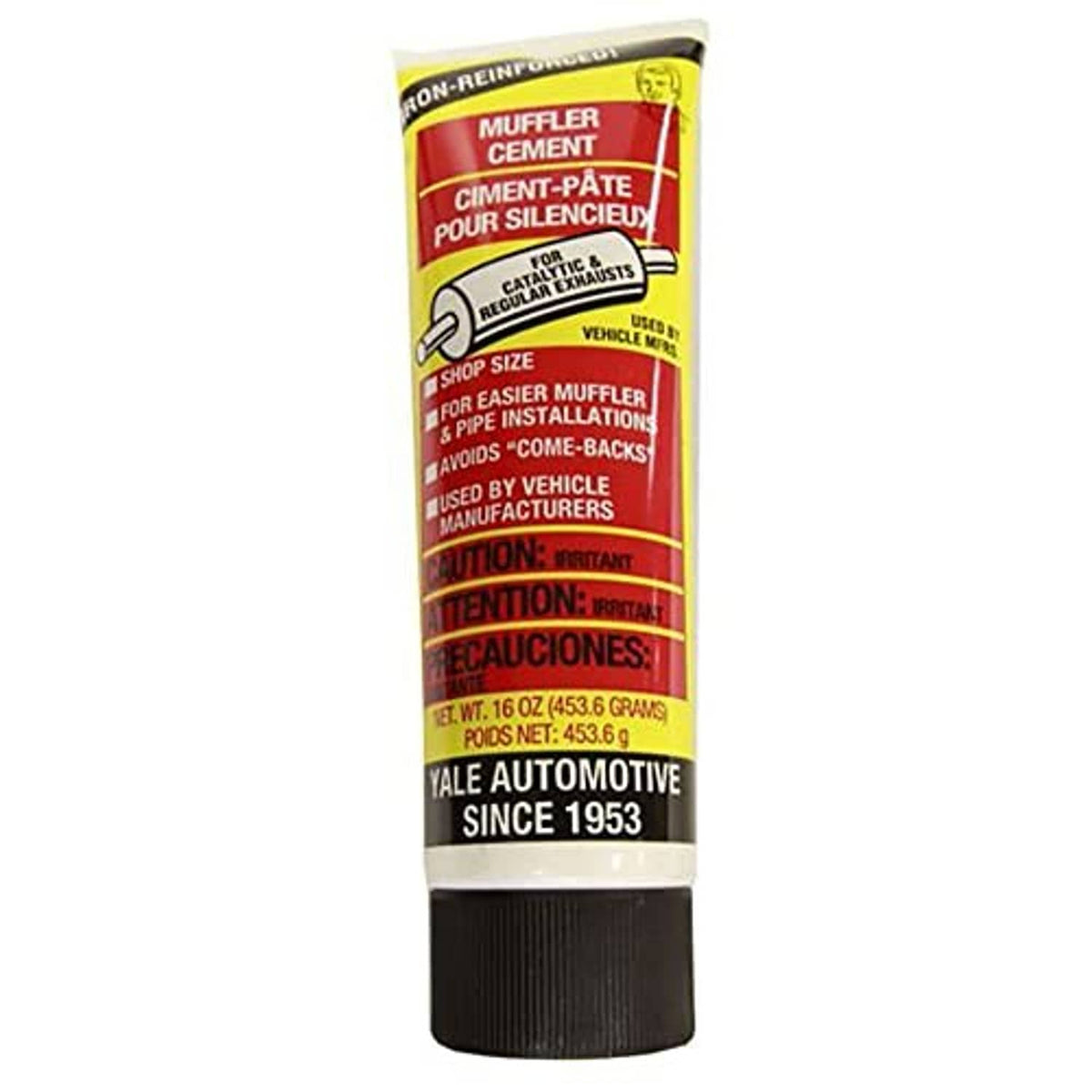 Yale Automotive exhaust muffler cement putty tube, black cap and yellow label