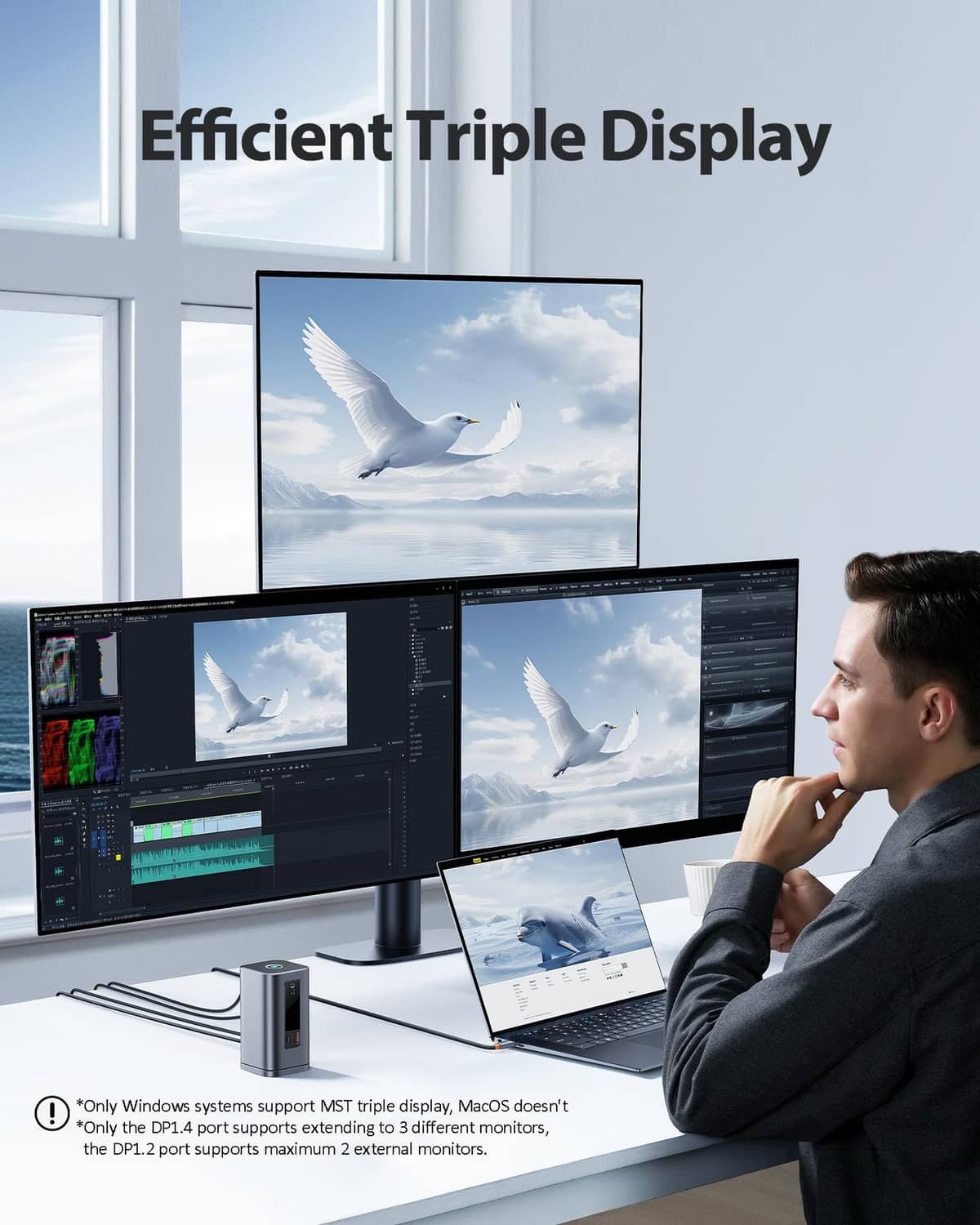 Space grey docking station for efficient triple-display monitor setup