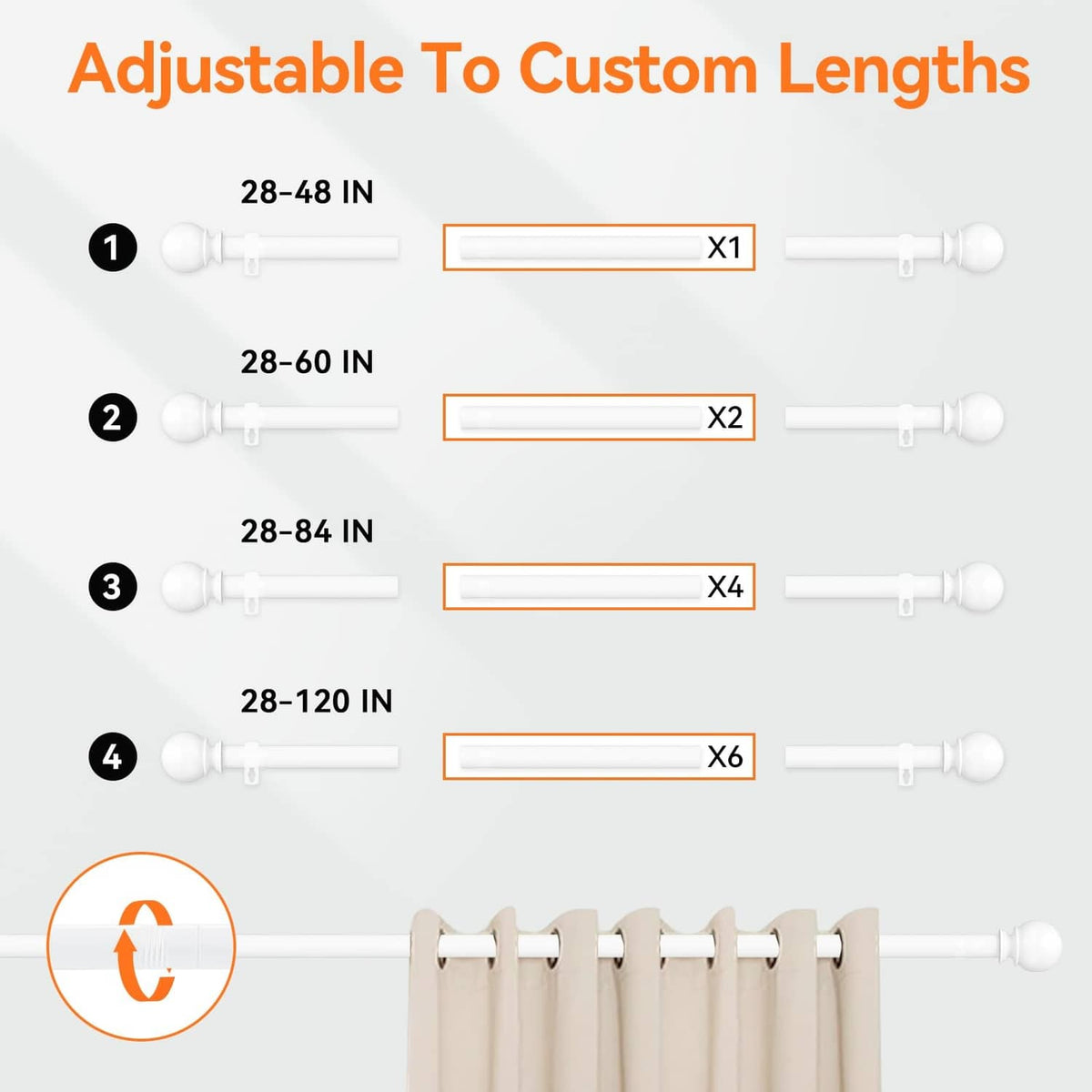 White adjustable curtain rod showing different extended lengths