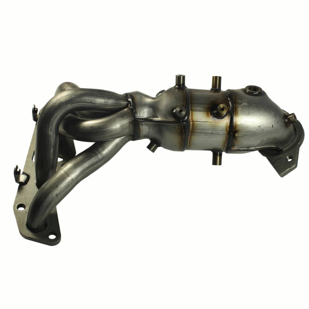 Exhaust manifold with catalytic converter and crossover pipes, brushed metal finish