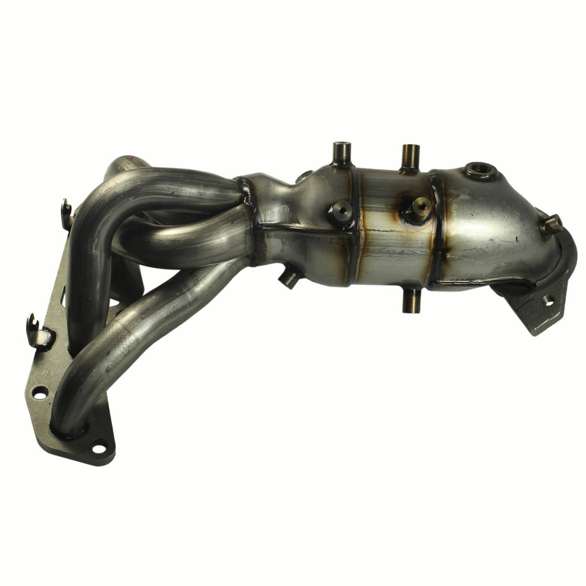 Exhaust manifold with catalytic converter and crossover pipes, brushed metal finish