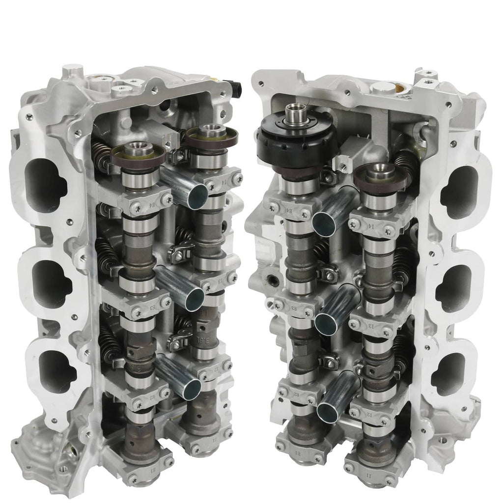 Driver and passenger cylinder head assembly pair with rocker arms and valves, silver/black