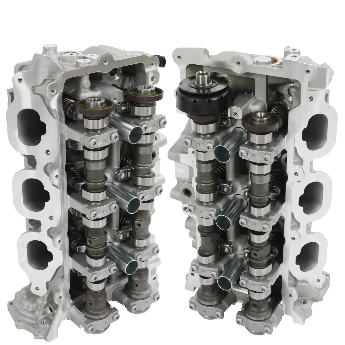 Driver and passenger cylinder head assembly pair with rocker arms and valves, silver/black