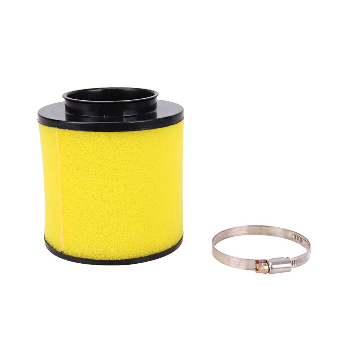 ATV air filter with yellow foam cylinder, black end caps, and inlet mounting ring