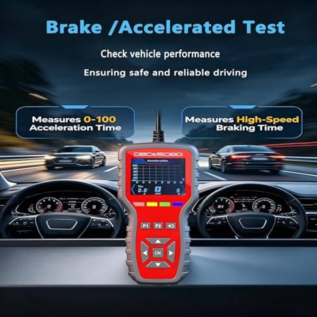 Handheld OBD2 scanner with screen showing acceleration and braking test indicators