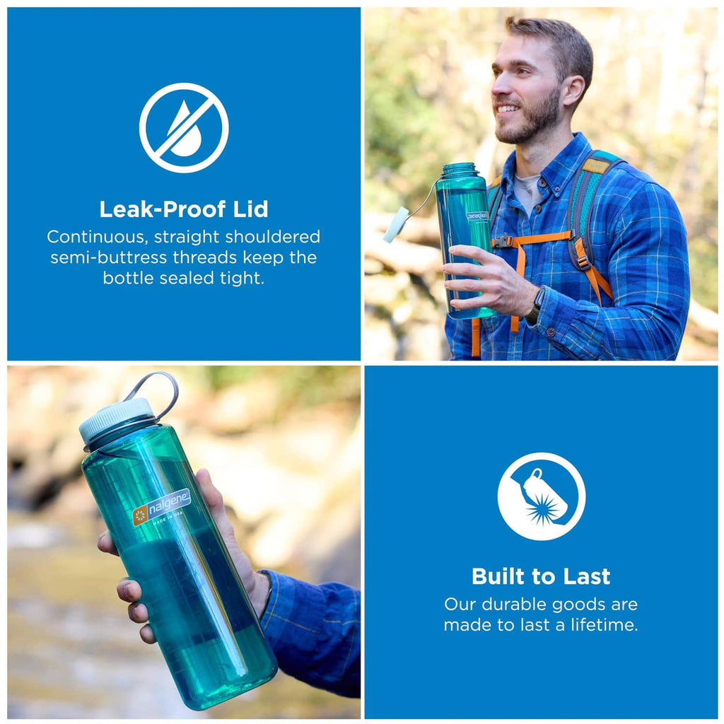 Translucent wide-mouth water bottle with screw lid and carry loop