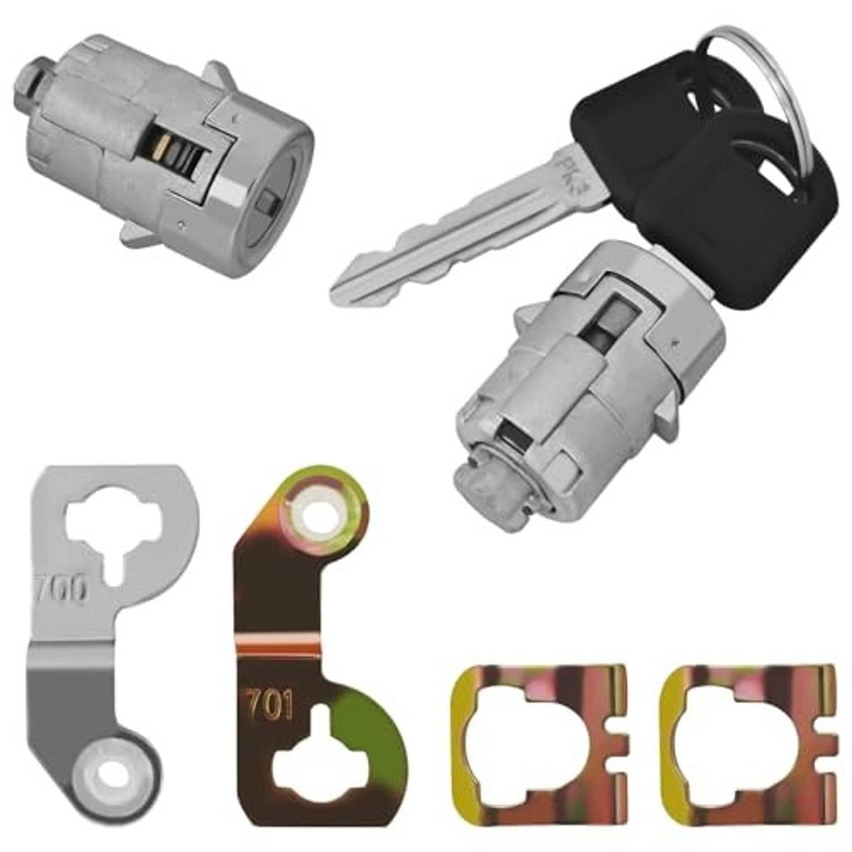 Silver door lock cylinder set with two black keys and two cylinder pieces