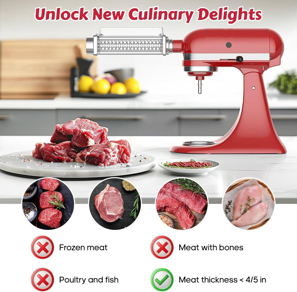 Meat tenderizer attachment mounted on a red stand mixer with textured roller