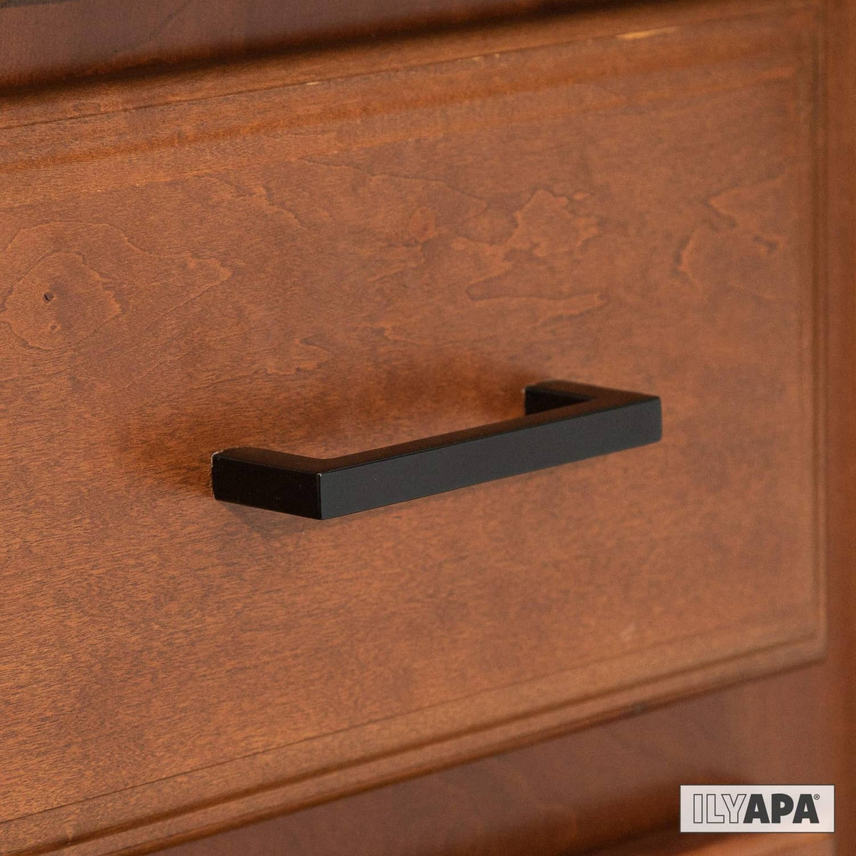 Matte black square cabinet pull on wooden cabinet door, centered