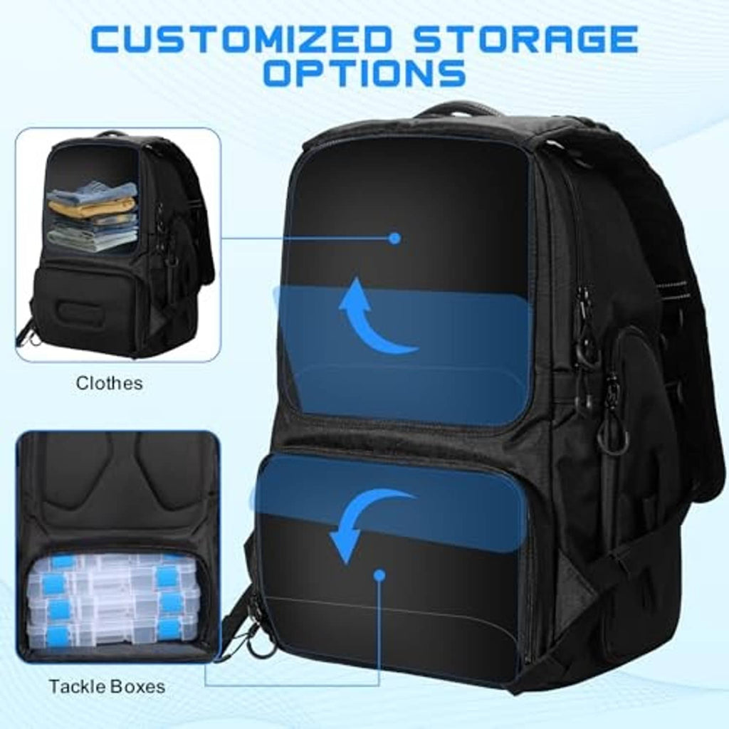 Black fishing tackle backpack showing interior storage zones for tackle boxes and gear.