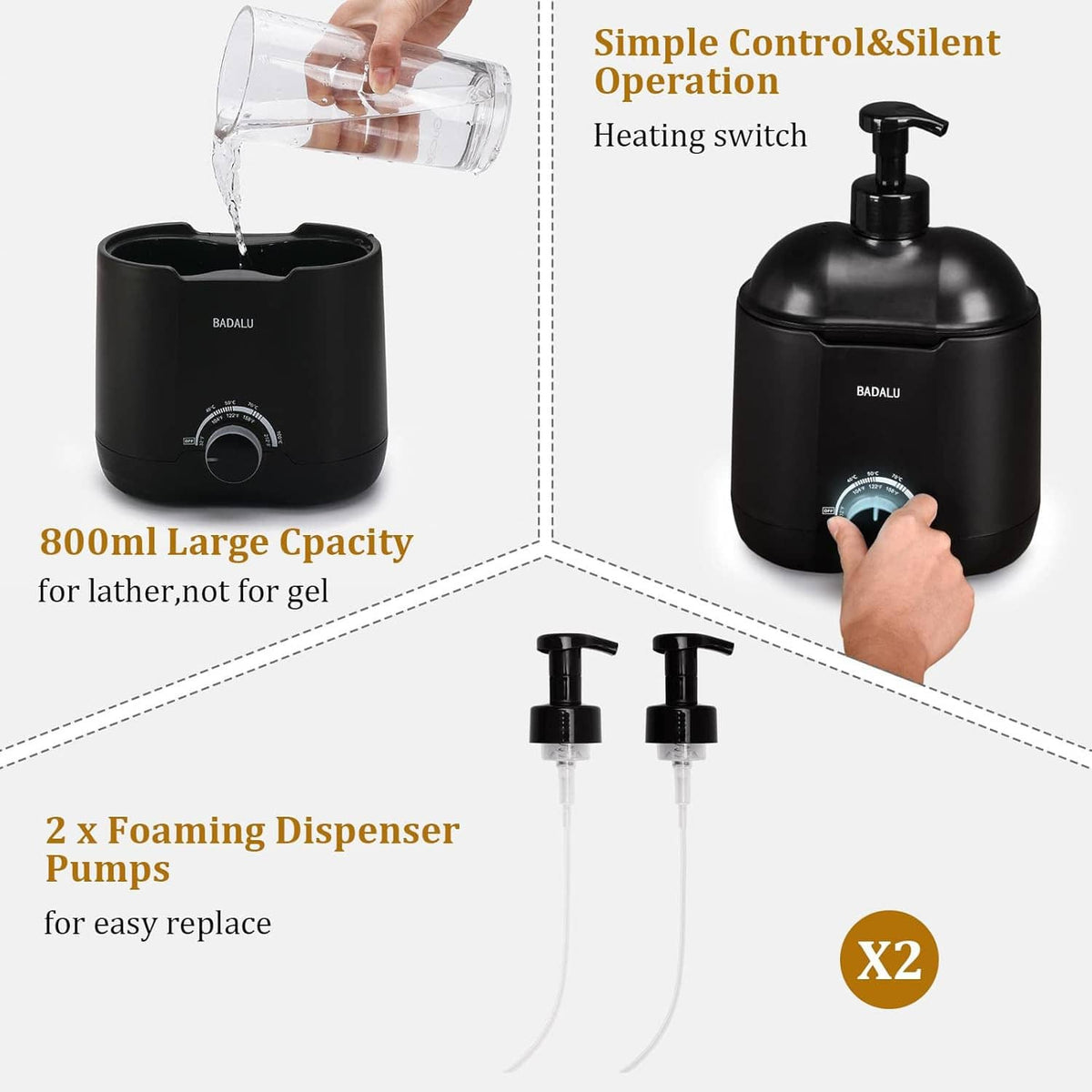 Black hot lather machine with pump, heating switch, and foaming dispenser