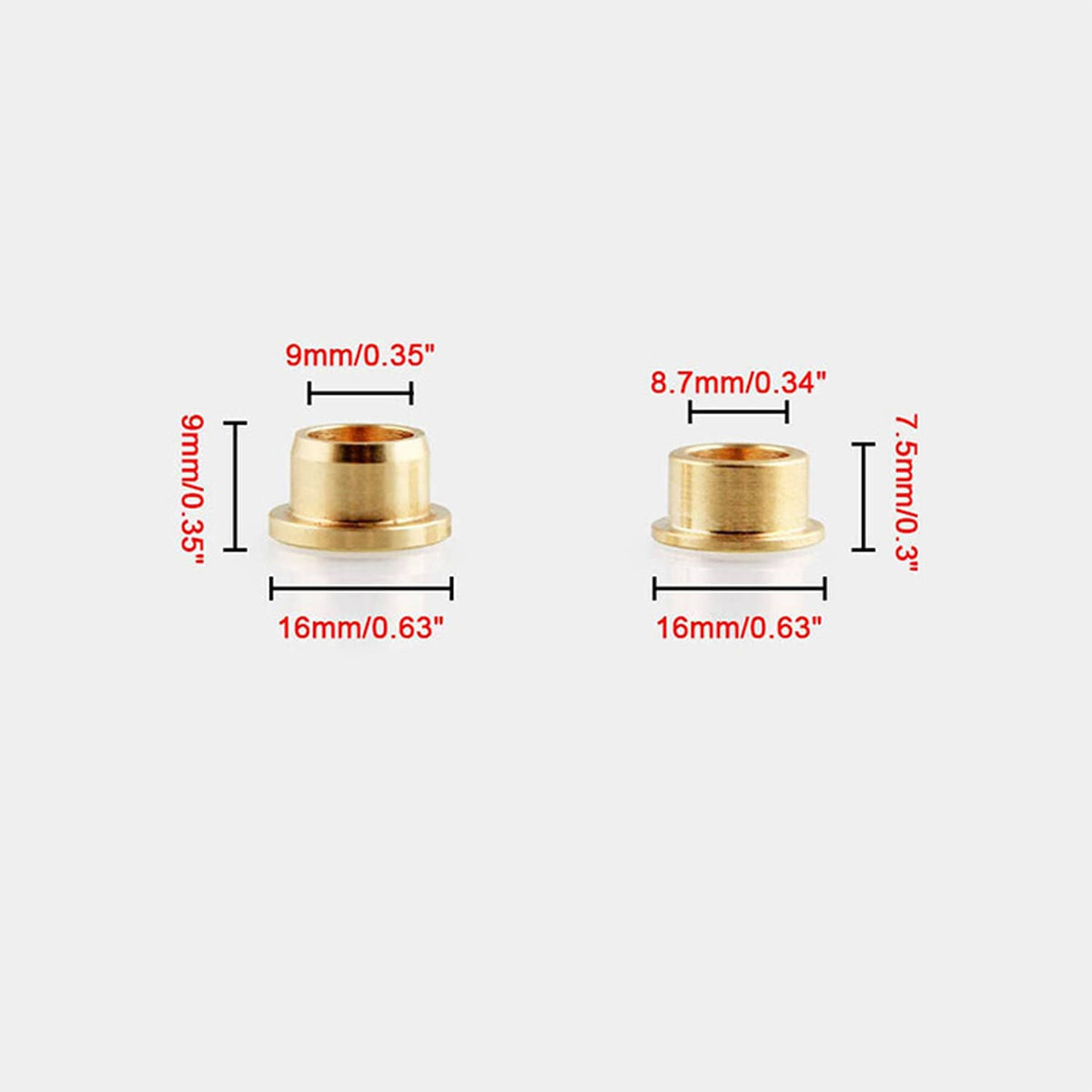 Brass hinge bushing sleeves with black retaining clip outline, with size markings