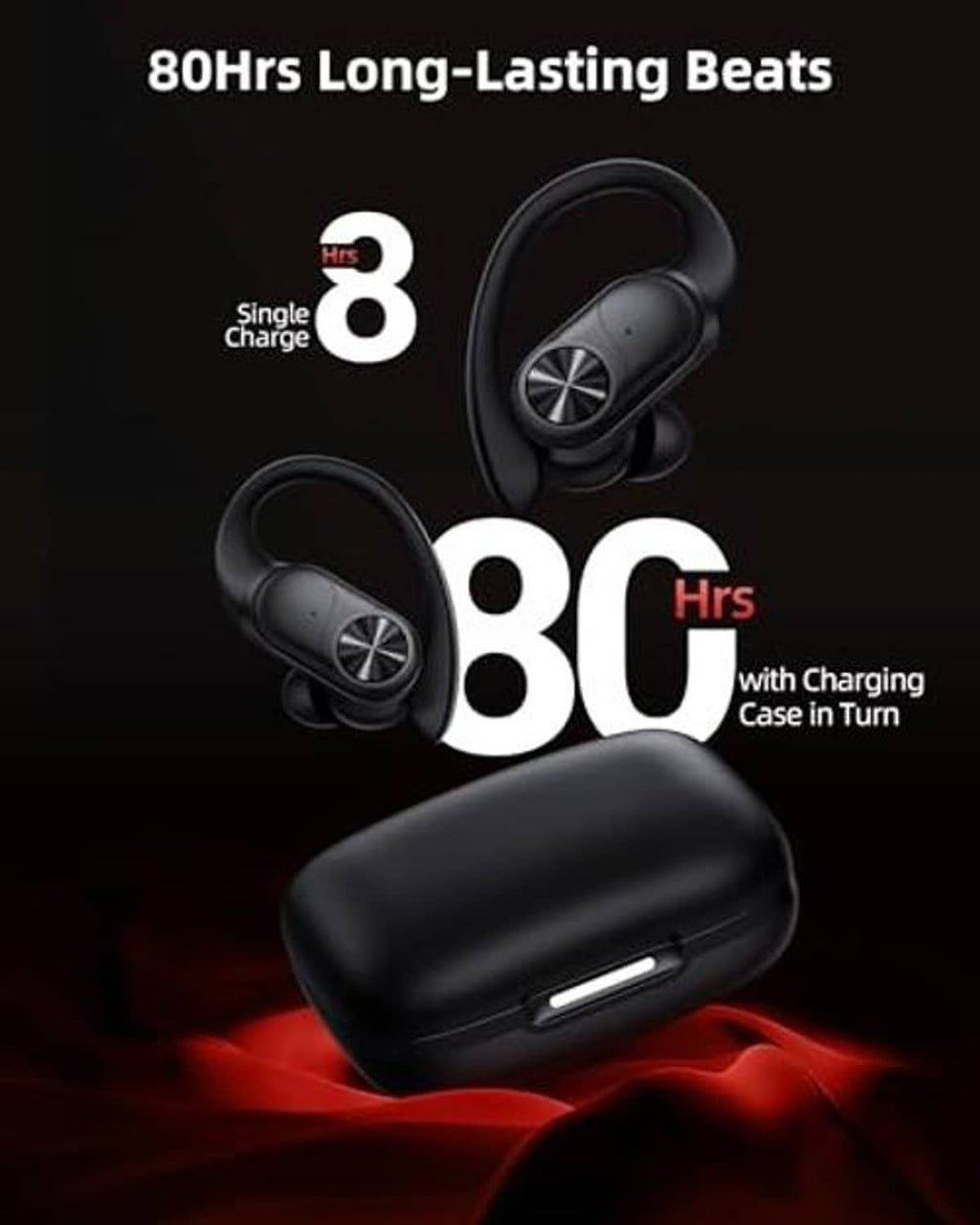 Black wireless earbuds and charging case, earbuds shown separated from the case