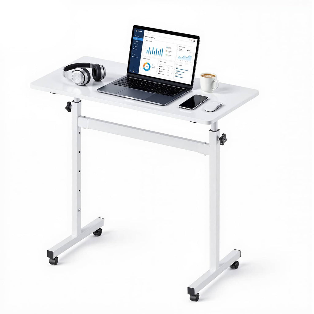Uimoso adjustable height mobile standing desk with white top, casters, and phone/laptop setup