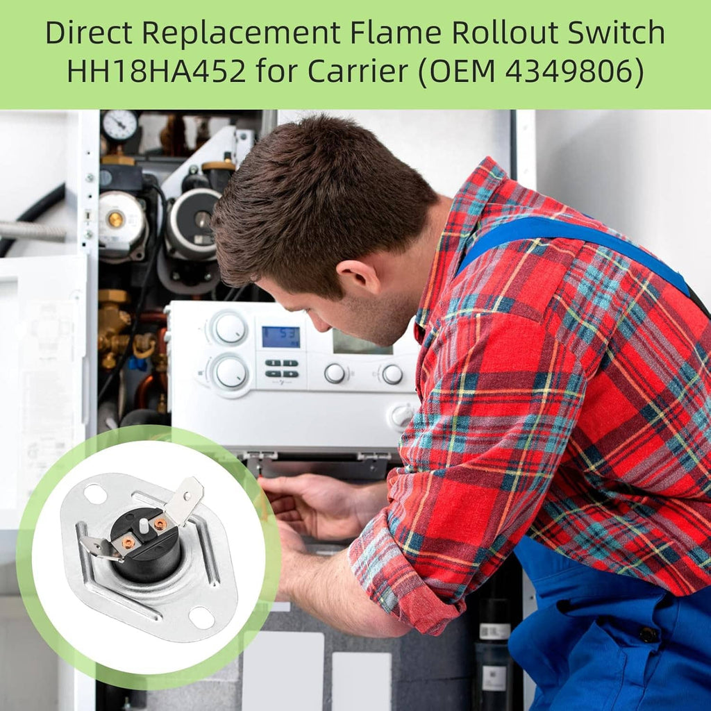 Flame rollout limit switch component shown near an HVAC control panel (inset)