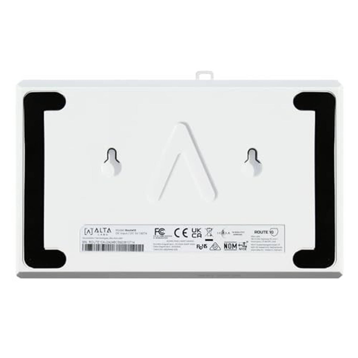 White multi-WAN router rear with wall-mount brackets and label area