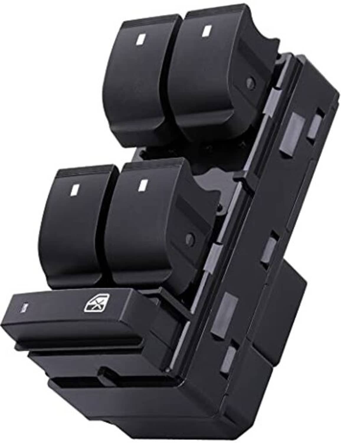 Black driver side window switch assembly with four rocker buttons and side connector tabs