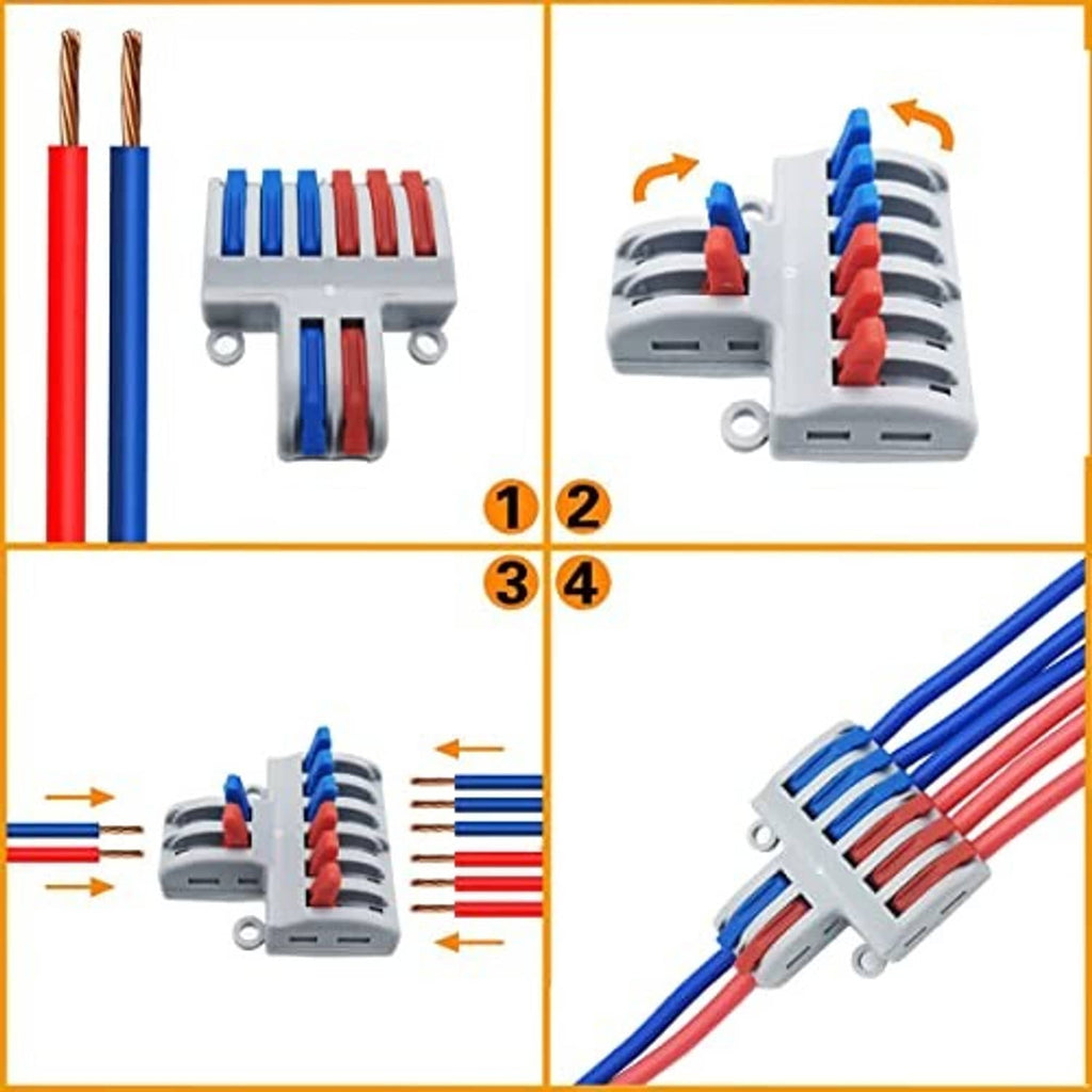 Compact wire lever nut showing wire insertion and lever action with blue and red leads