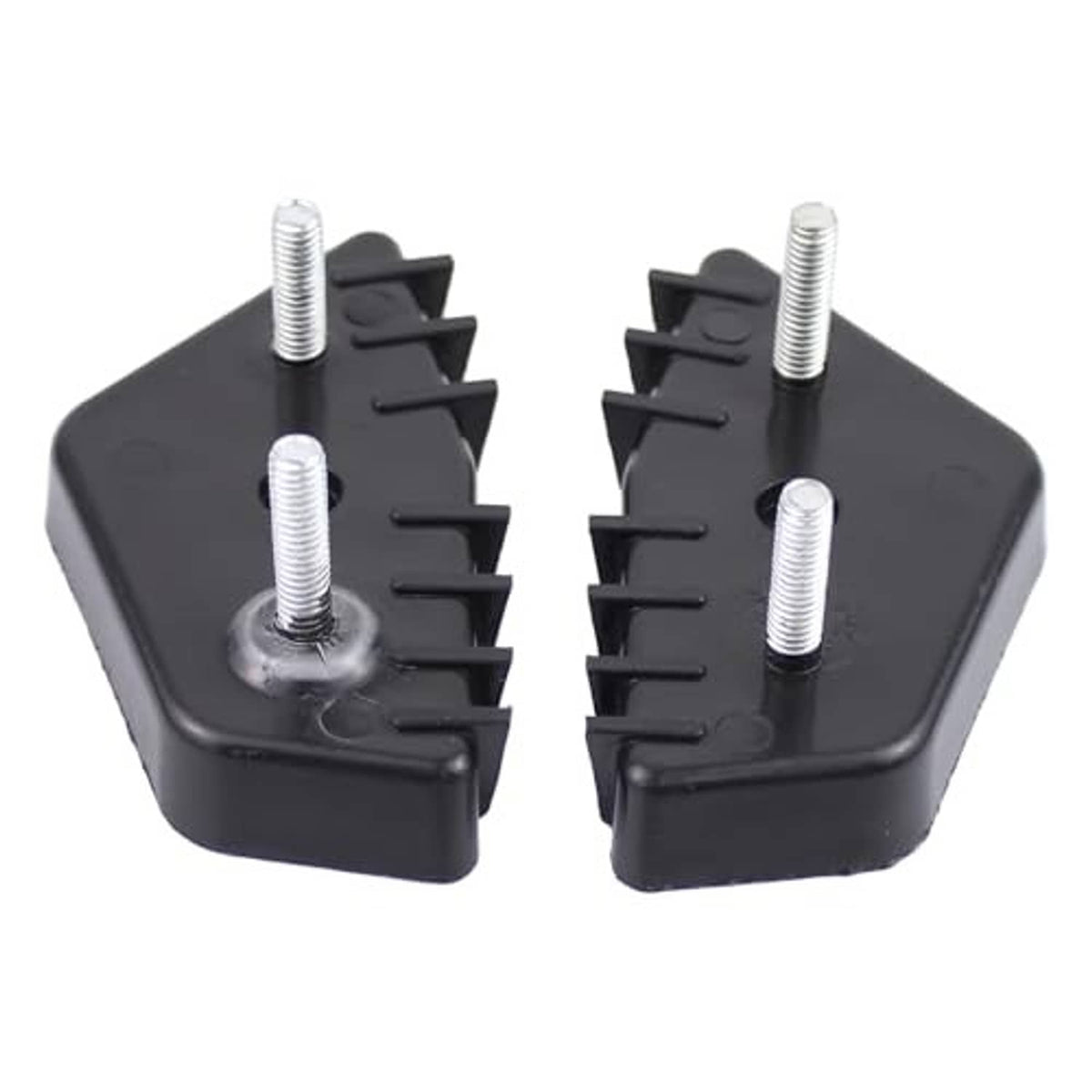 Front bumper support bracket pair, black plastic with four vertical threaded bolts