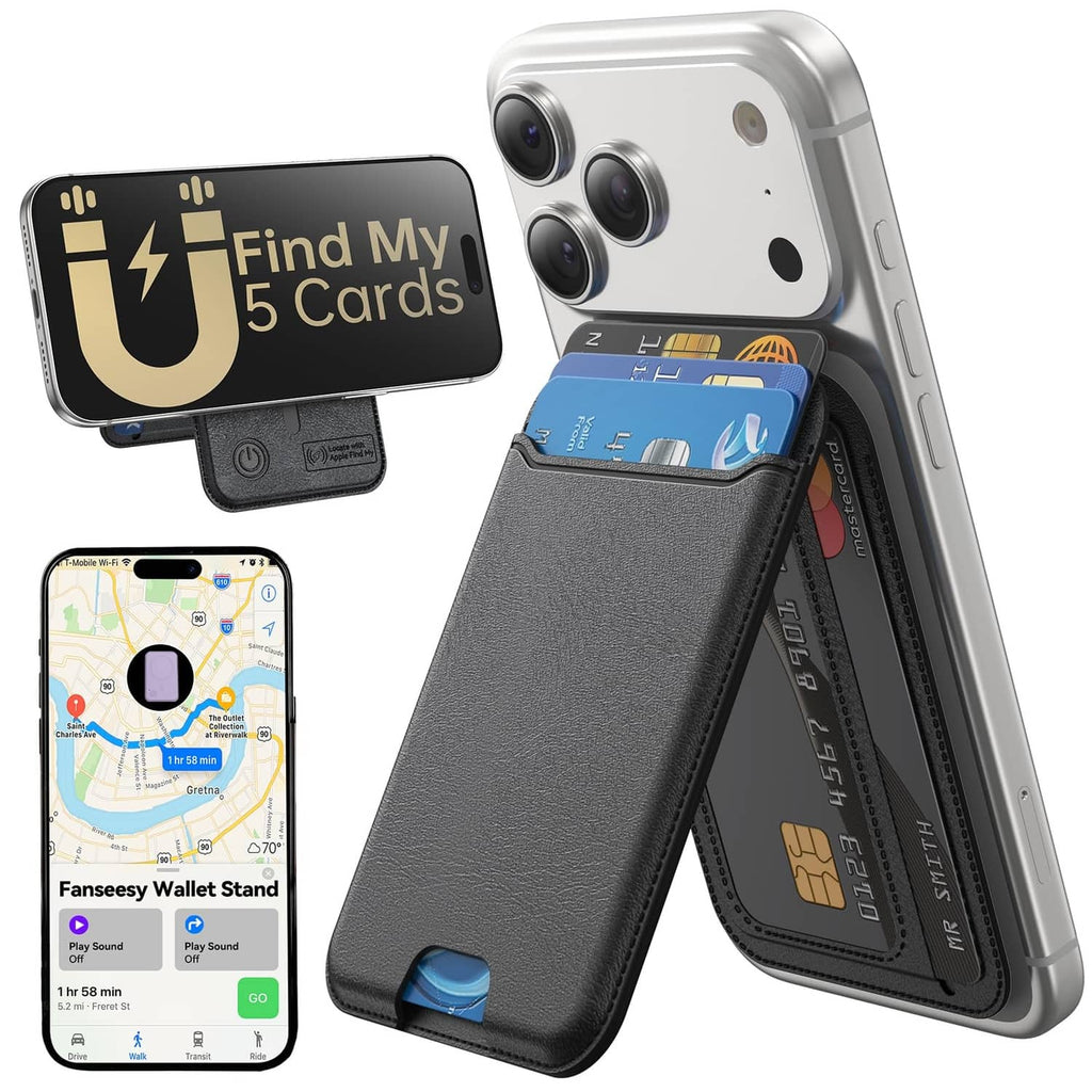 Black MagSafe wallet case with card slots, attached to a phone and showing cards