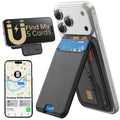 Black MagSafe wallet case with card slots, attached to a phone and showing cards