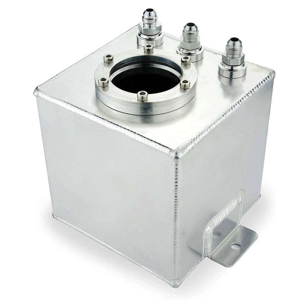Aluminum fuel surge pot tank angled view with top flange and three threaded fittings