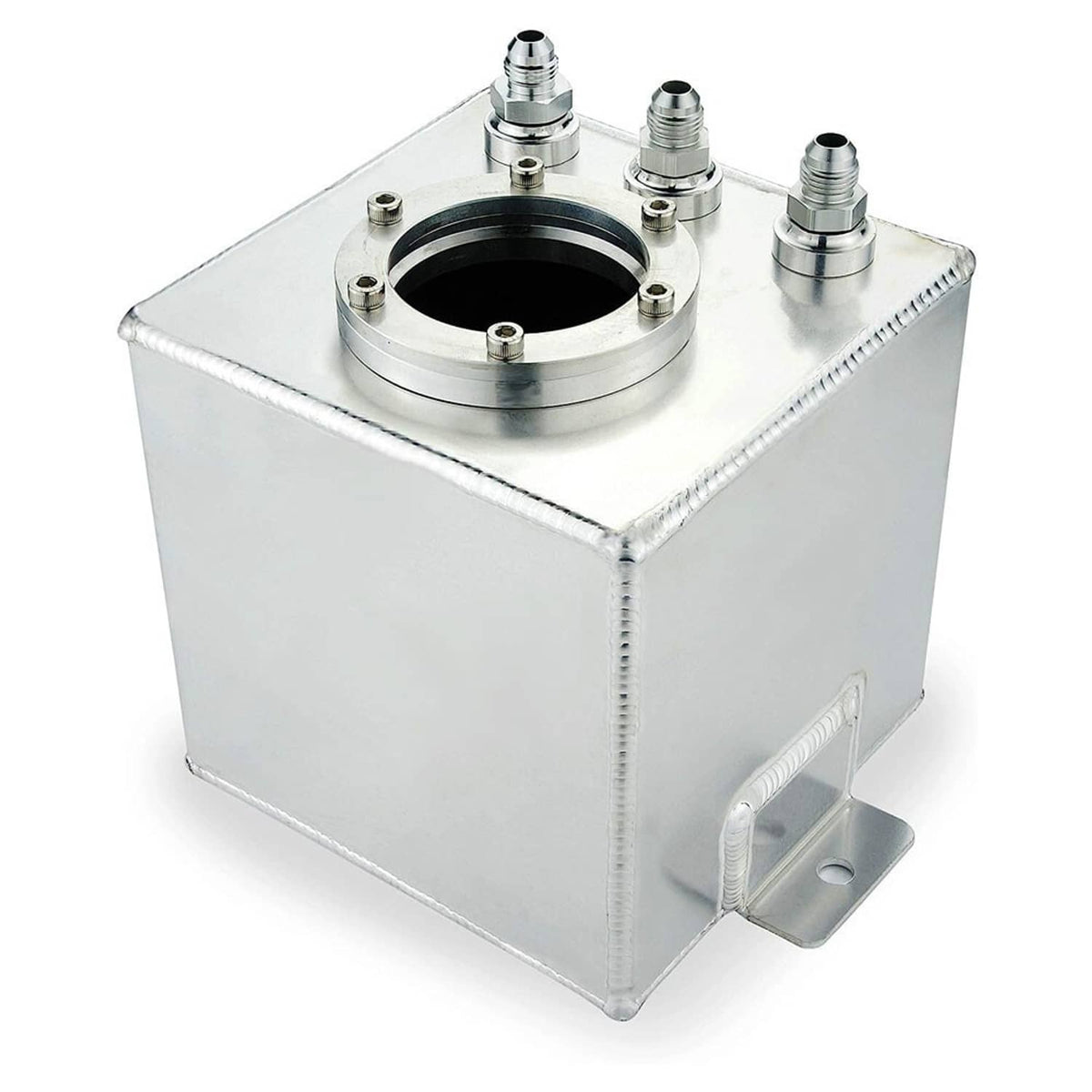 Aluminum fuel surge pot tank angled view with top flange and three threaded fittings