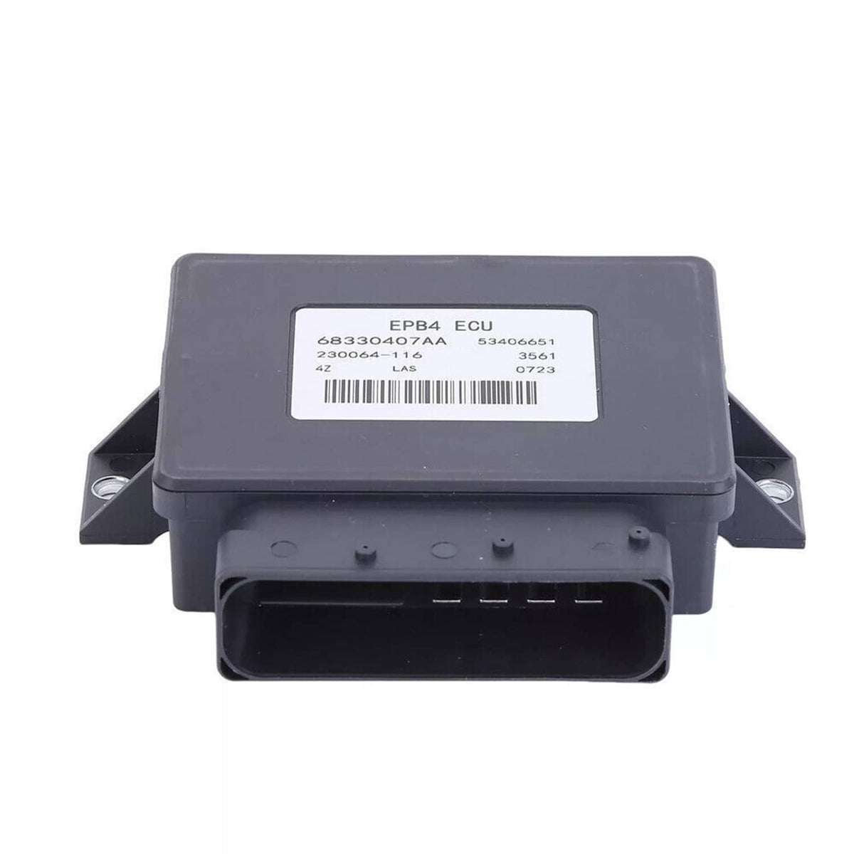 Dark gray parking brake control module with barcode label and front connector