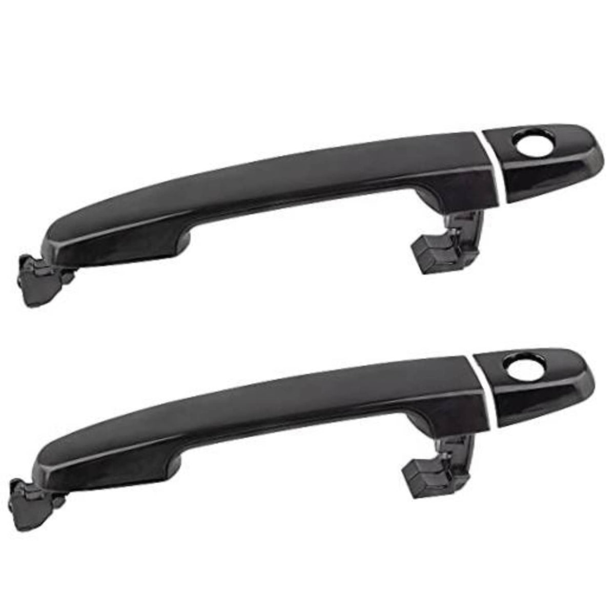 Black exterior door handle set with mounting clips and keyhole opening