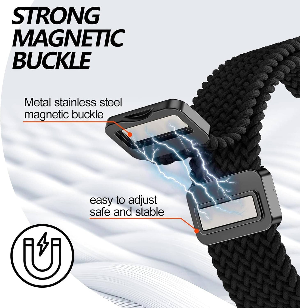 Black braided magnetic watch band with stainless steel magnetic buckle, adjustable clasp
