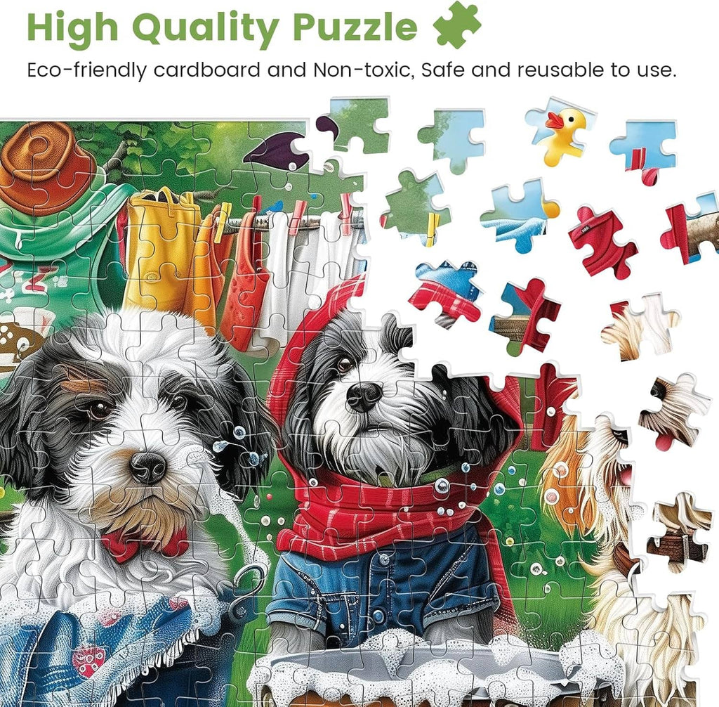 Jigsaw puzzle image with multiple interlocking pieces featuring three dogs in rain gear