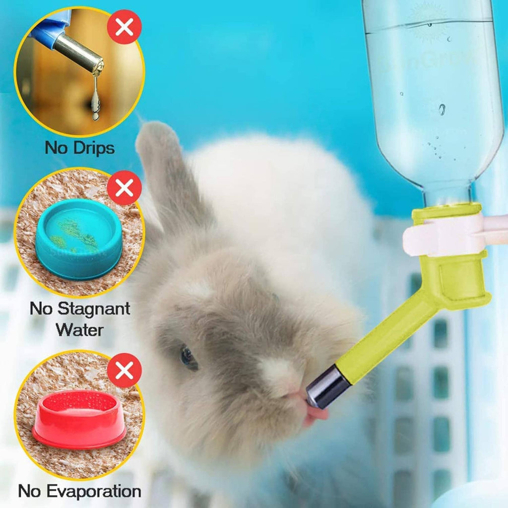 Small pet water bottle dispenser with green nozzle; hamster drinking beside it