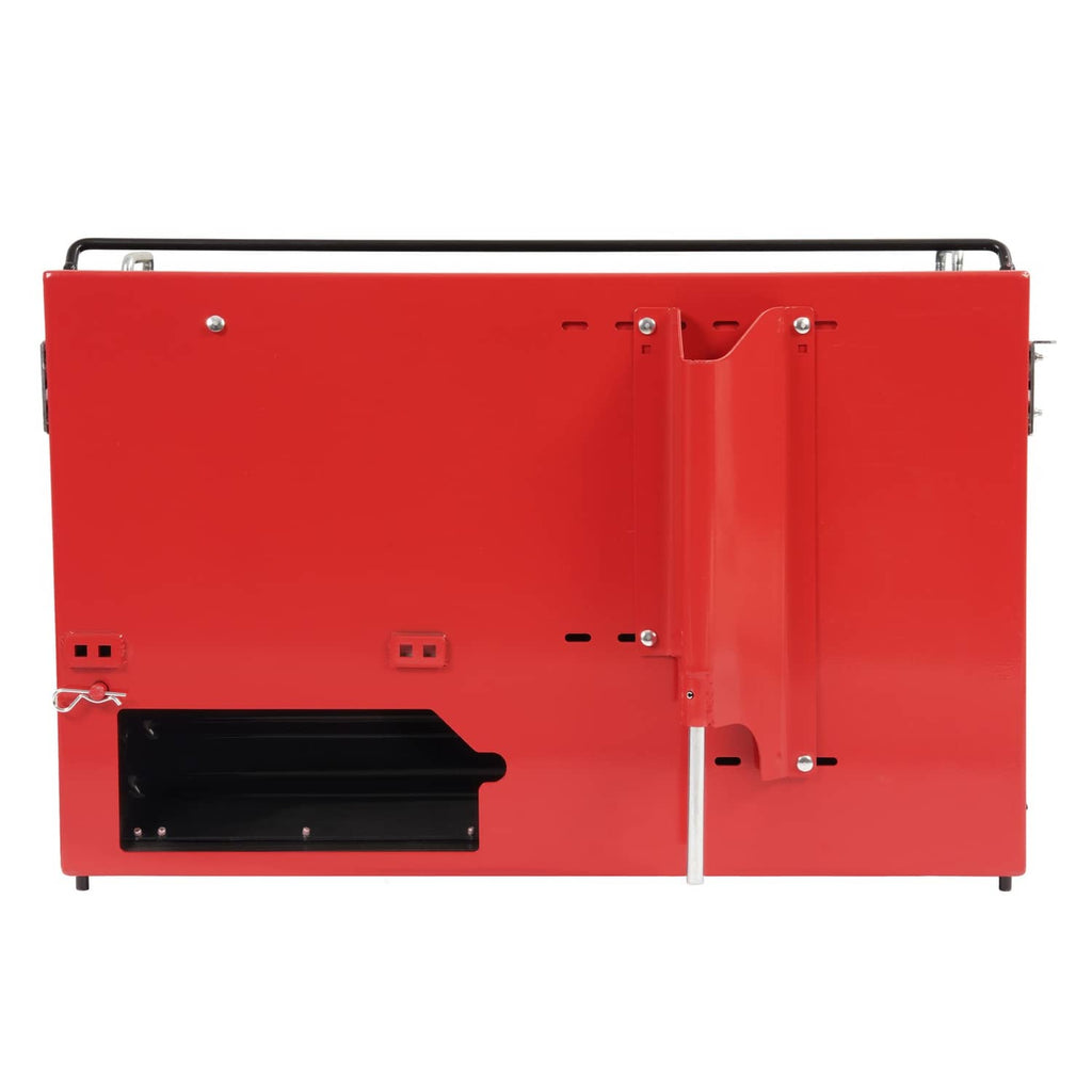 Red grass catcher frame with side door opening and internal mounting hardware